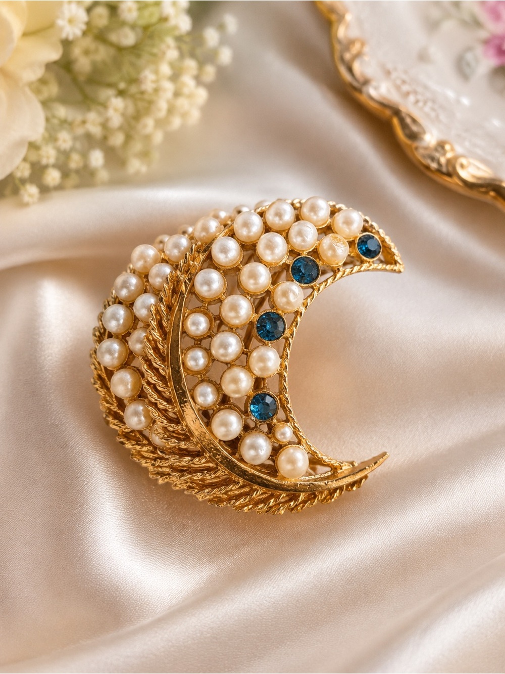 Vintage Crescent Moon Faux Pearl Brooch 2” – Restored with Swarovski Crystals
